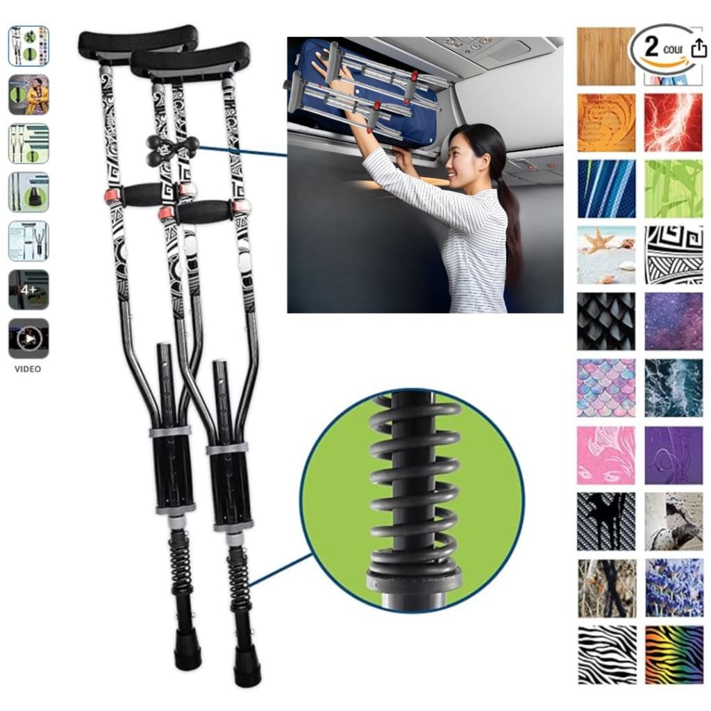 Adjustable Spring Cushion Crutches Perfect for Sports Injuries and Travel - Heights 4’7’’ to 6’6’’