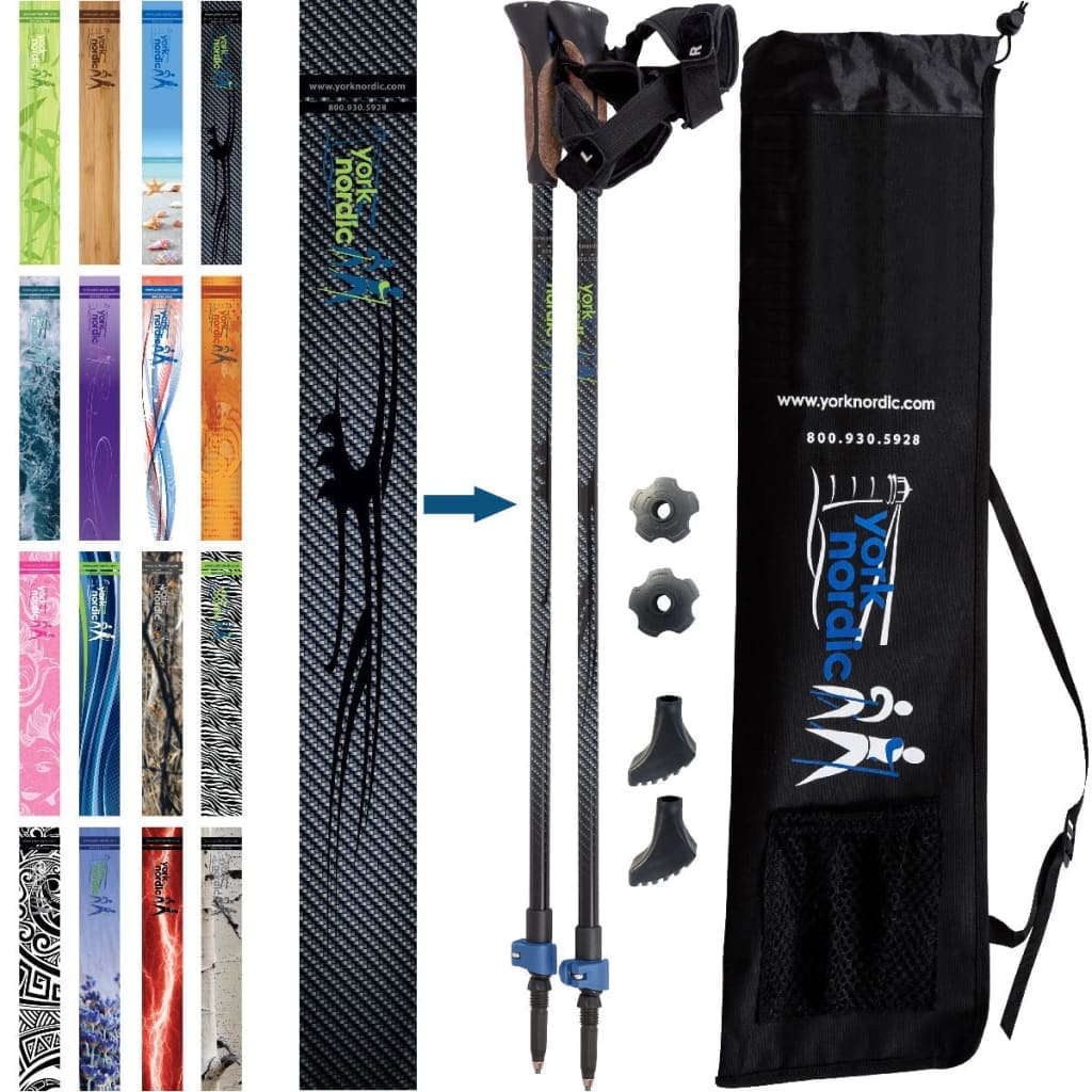 Official Nordic Walking Poles - True Glove Grip w-flip locks detachable feet and travel bag - pair