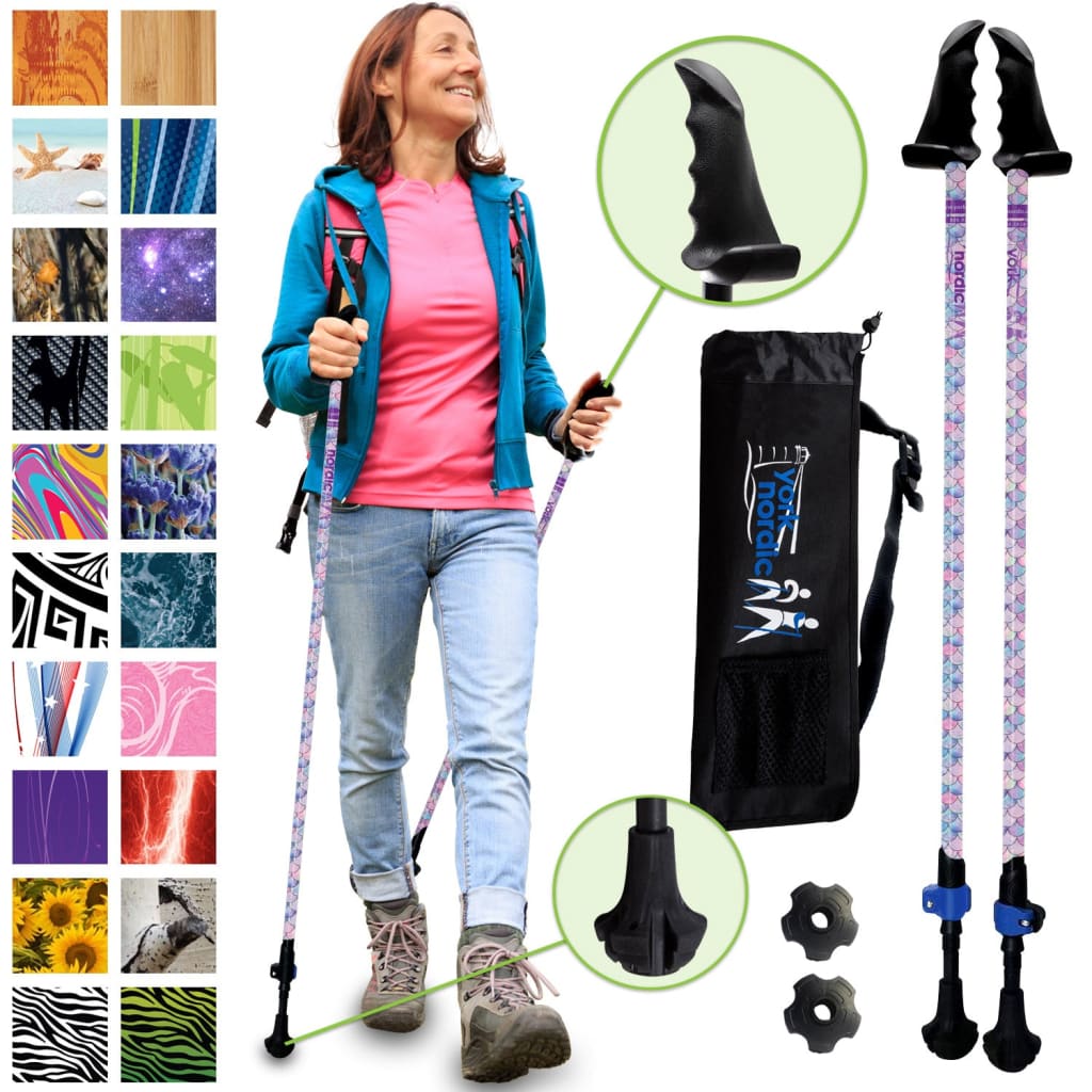 Mermaid Scales Hiking & Walking Poles w-flip locks detachable feet and travel bag - pair