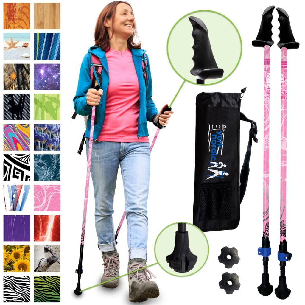 Pink Cure Series Hiking - Trekking Walking Poles 2 pack w - flip locks detachable feet and travel