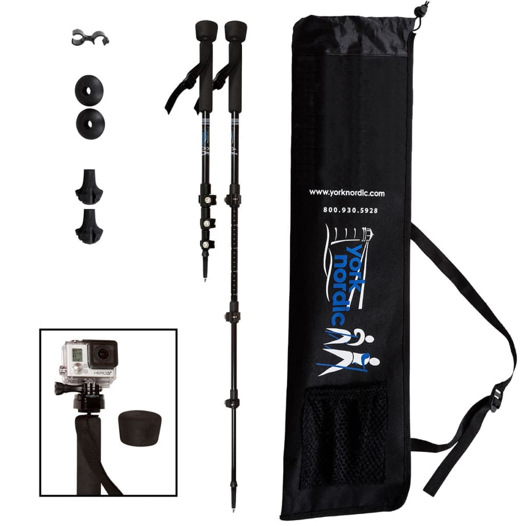 PRO Collapsible Trekking - Hiking - Walking Poles - pair w- GoPro Camera Mount flip locks