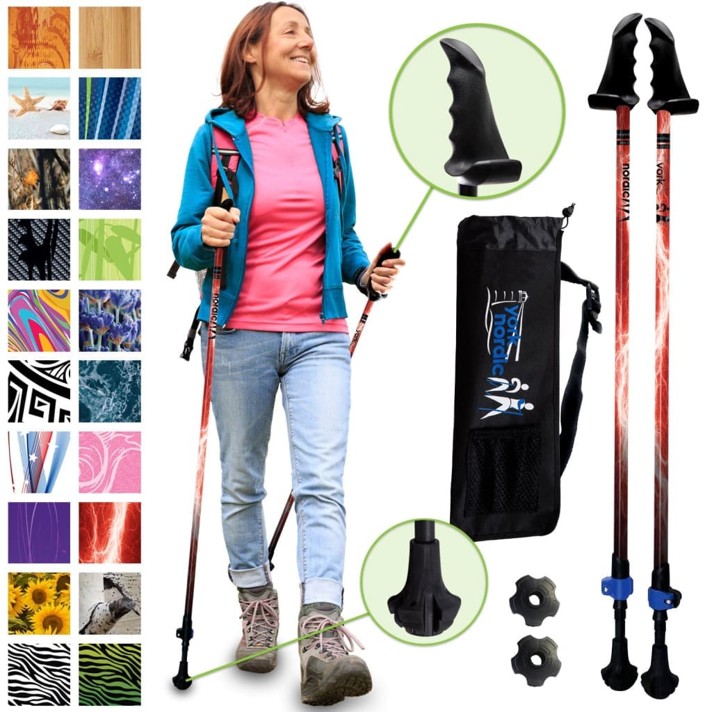 Red Burner Hiking - Walking Poles - 2 pack - adjustable pair w-flip locks detachable feet and travel