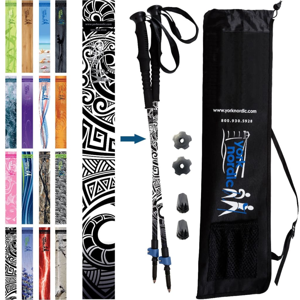 Black Maori Tattoo Hiking - Walking Poles w - flip locks detachable feet and travel bag - 2 poles