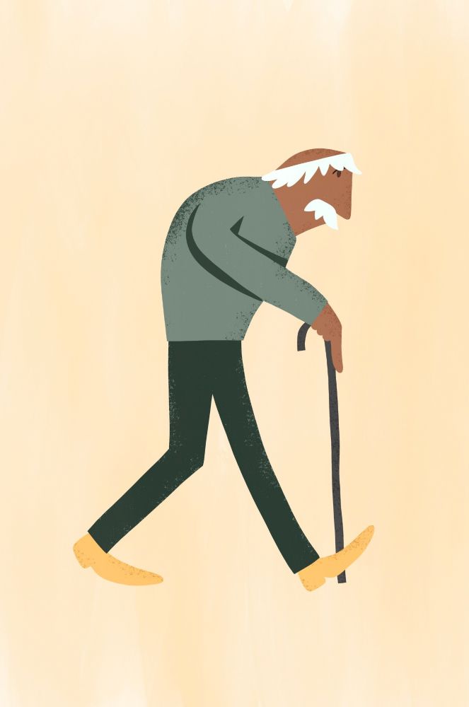 Cartoon picture of man walking with a cane