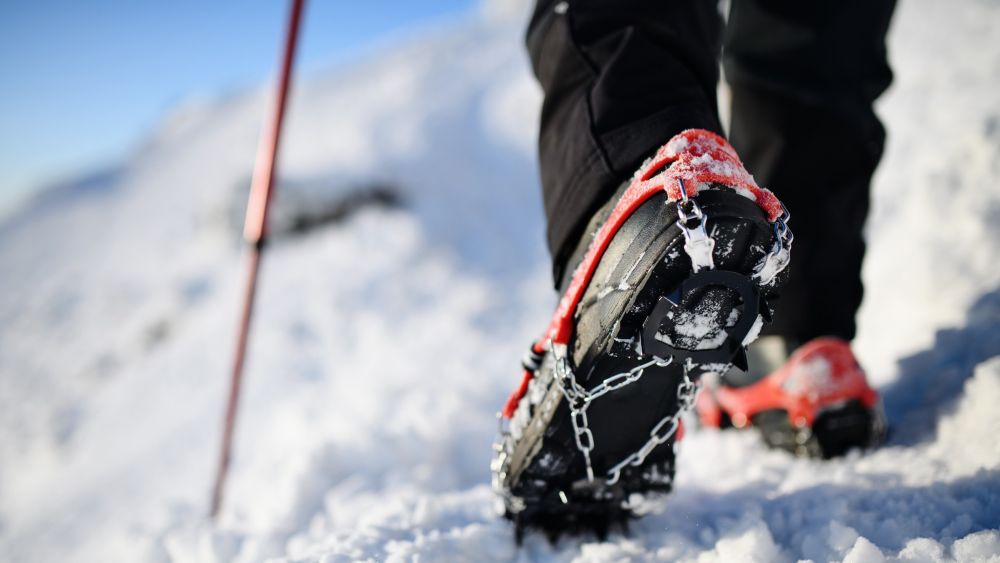 Person's legs while pole walking on snow