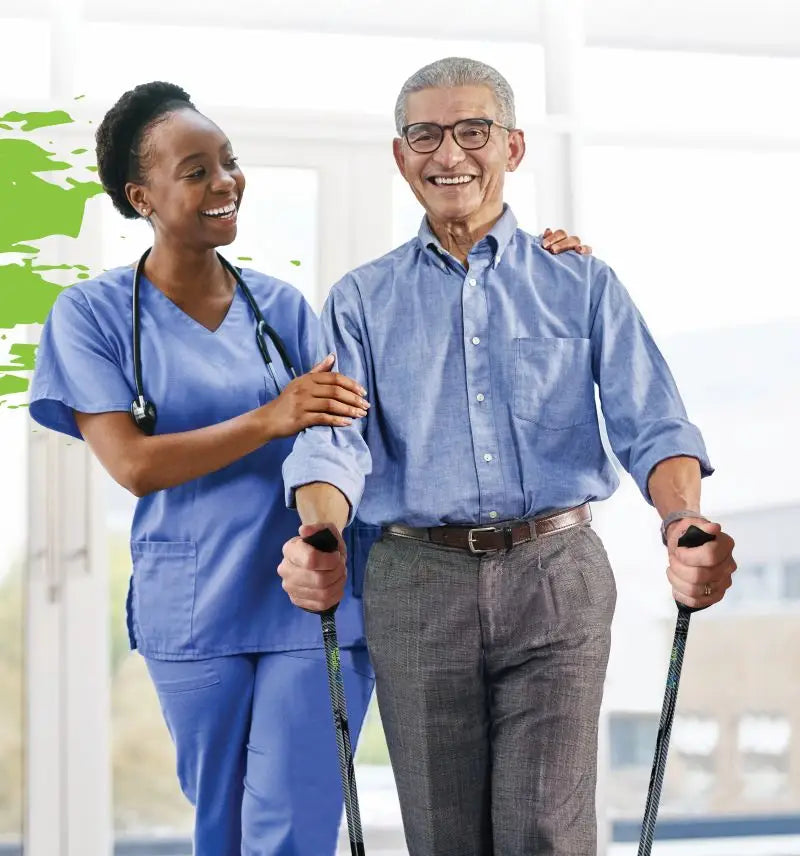 Man Walking with York Nordic Motivator Walking Poles with Help from a Physical Therapist