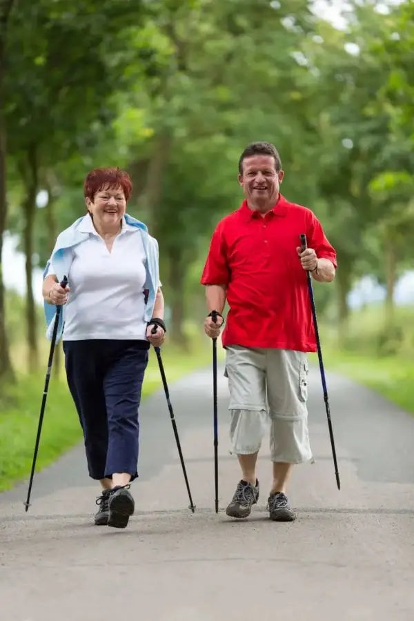 Two people pole walking on a path