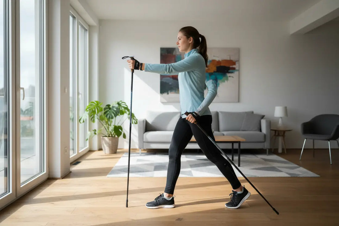 Woman using walking poles for balance indoors