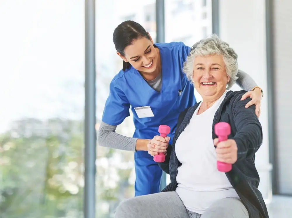 Woman Lifting Dumbells with Help from a Physical Therapist