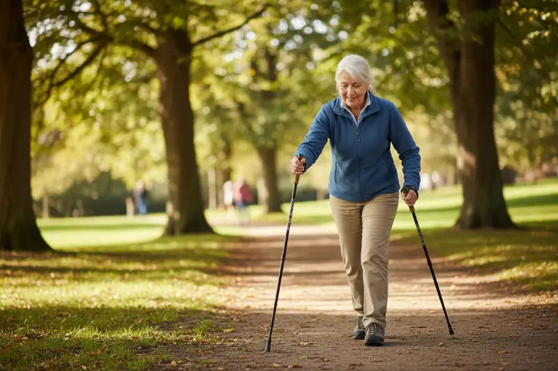 Senior woman using walking poles on a path in a wooded park