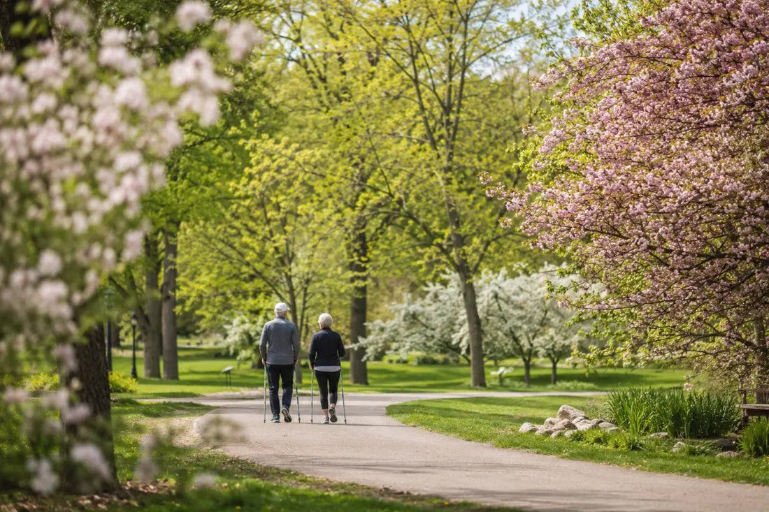Senior couple with walking poles in a park with trees in bloom