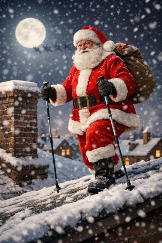 Santa on a roof holding walking poles