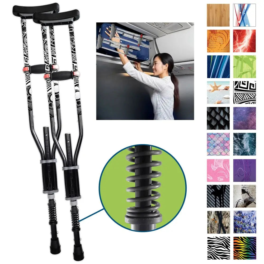 York Nordic Adjustable Underarm Spring Cushion Crutches and Design Swatches and Image of Woman storing them in an overhead bin for travel