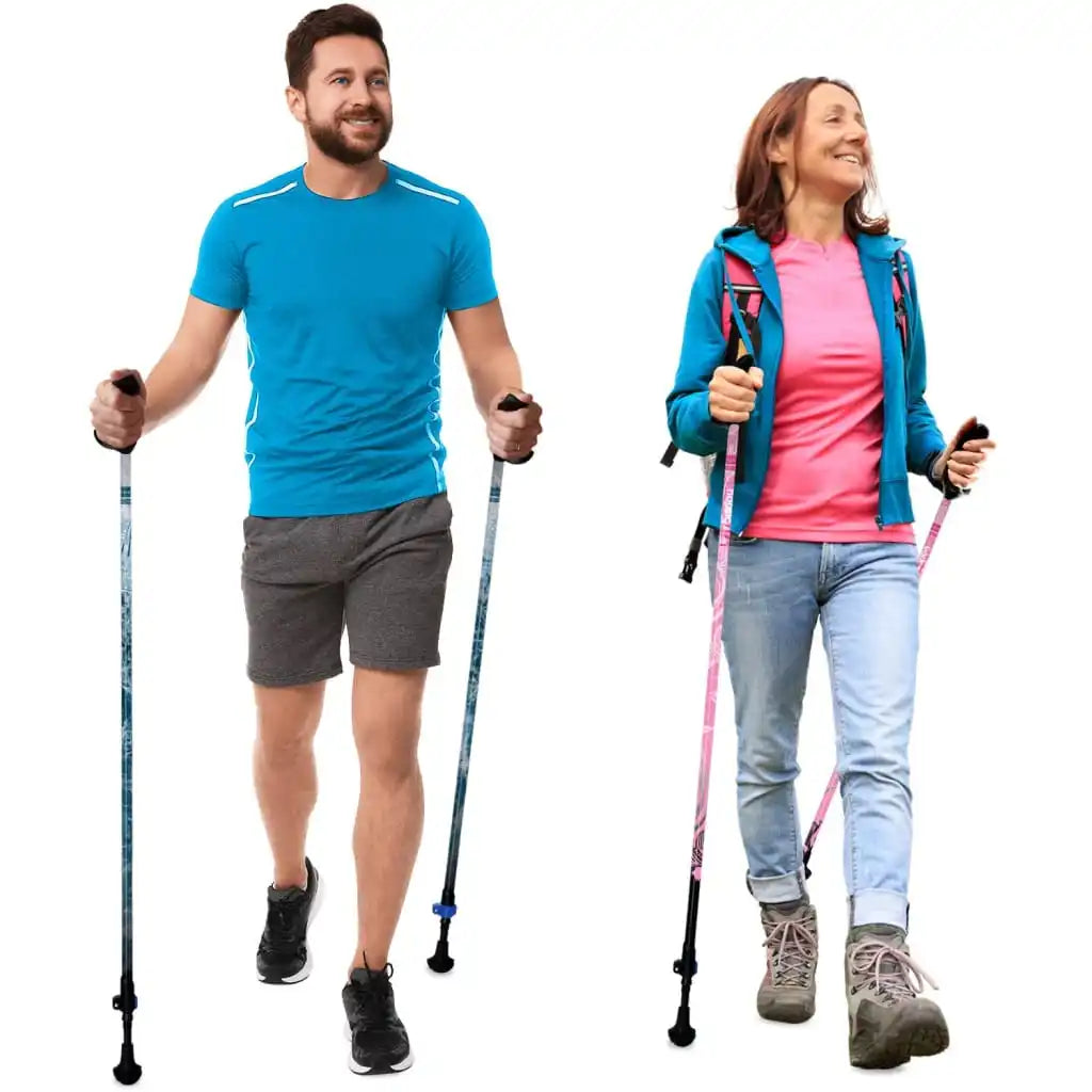 Man and Woman with Walking Poles on a White Background