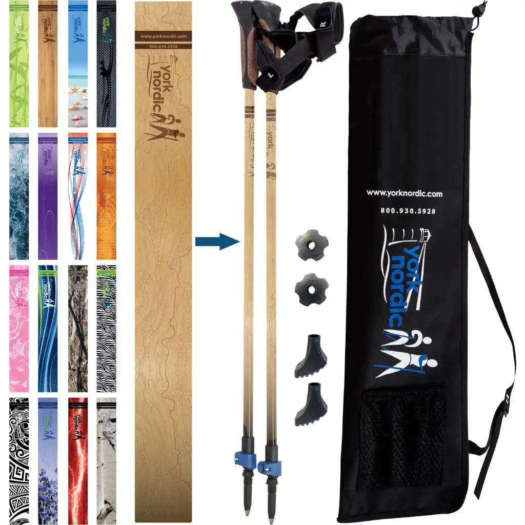 Official Nordic Walking Poles - True Glove Grip w-flip locks detachable feet and travel bag - pair