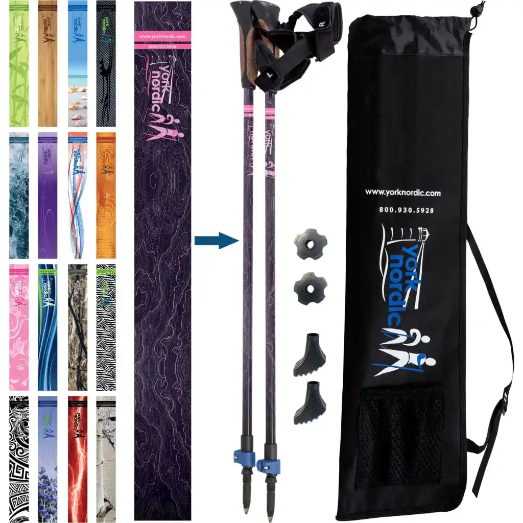 Official Nordic Walking Poles - True Glove Grip w-flip locks detachable feet and travel bag - pair