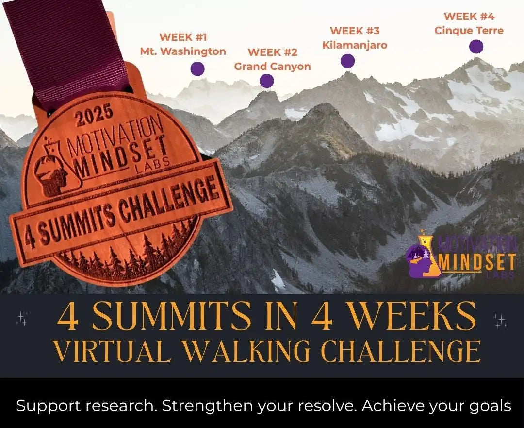 Promotional graphic for the 2025 Motivation Mindset Labs 4 Summits Challenge with mountain background and virtual walking challenge text.