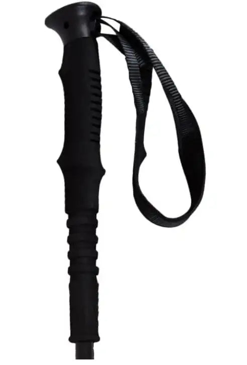 Black adjustable hiking pole with textured grip and wrist strap