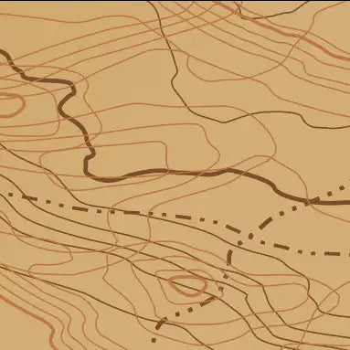 Brown contour map with winding lines and dashed paths.