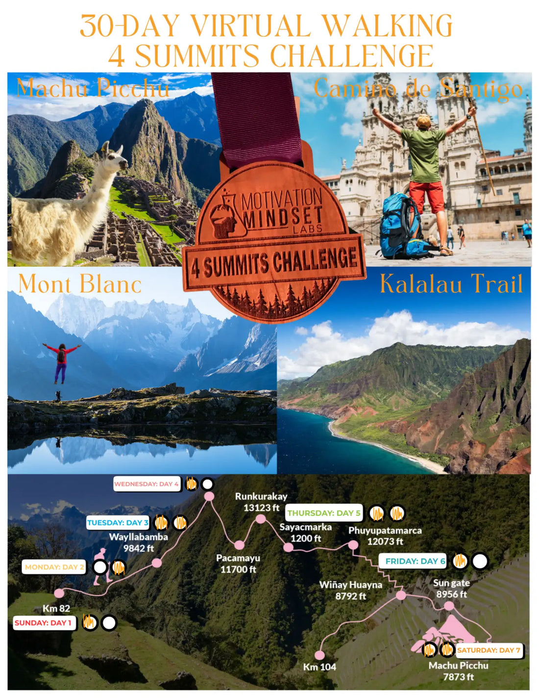 Promotional graphic for a 30-day virtual walking challenge featuring scenic images of mountains and landscapes.