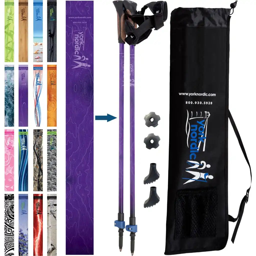 Official Nordic Walking Poles - True Glove Grip w-flip locks detachable feet and travel bag - pair
