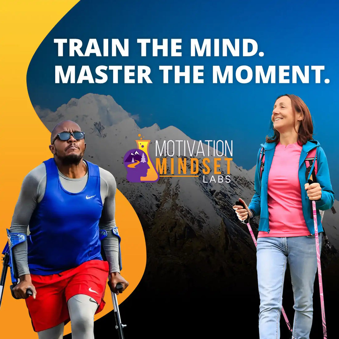 Two hikers, one with crutches, ascending a mountain.