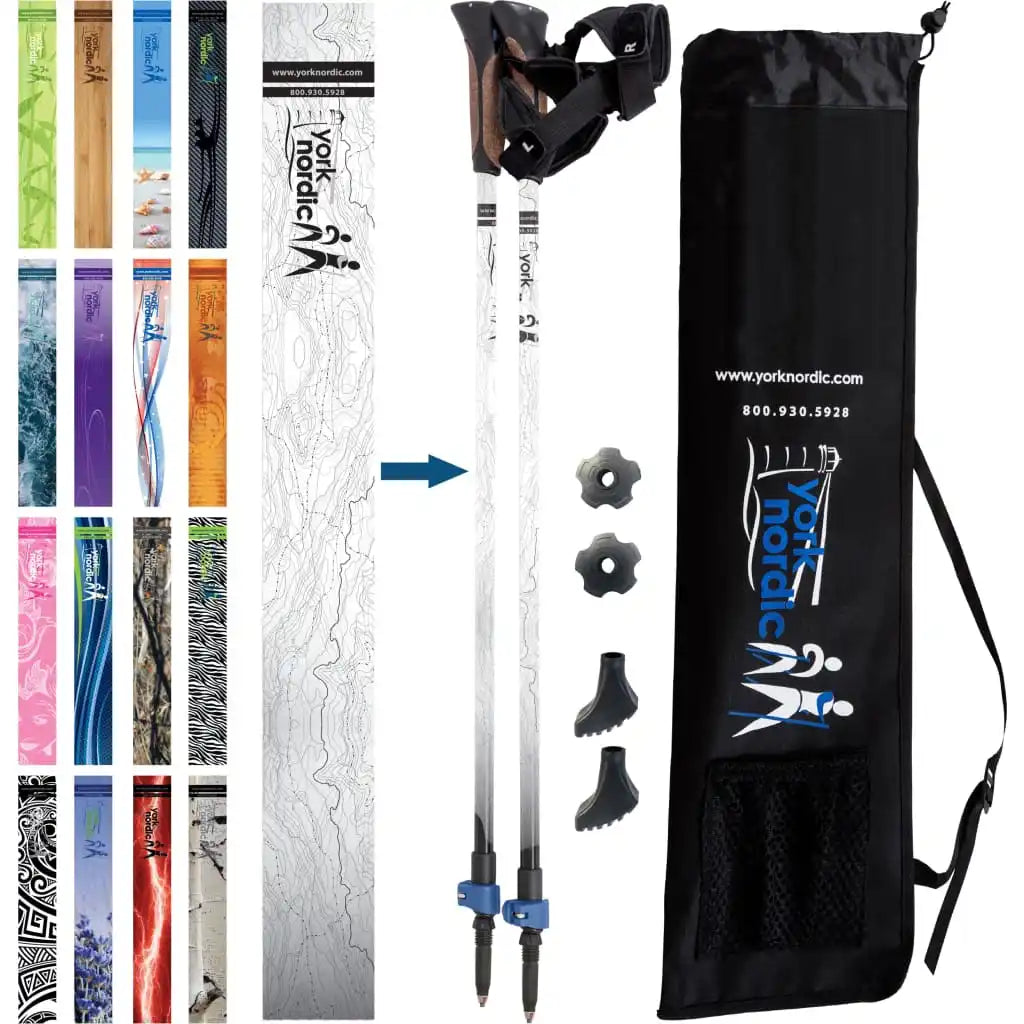 Official Nordic Walking Poles - True Glove Grip w-flip locks detachable feet and travel bag - pair
