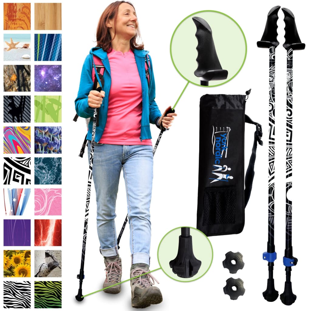 Black Maori Tattoo Hiking - Walking Poles w-flip locks detachable feet and travel bag - 2 poles -