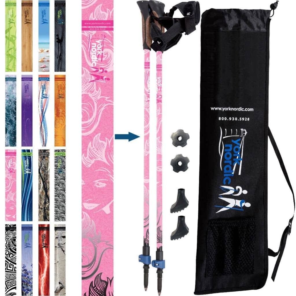 Official Nordic Walking Poles - True Glove Grip w-flip locks detachable feet and travel bag - pair