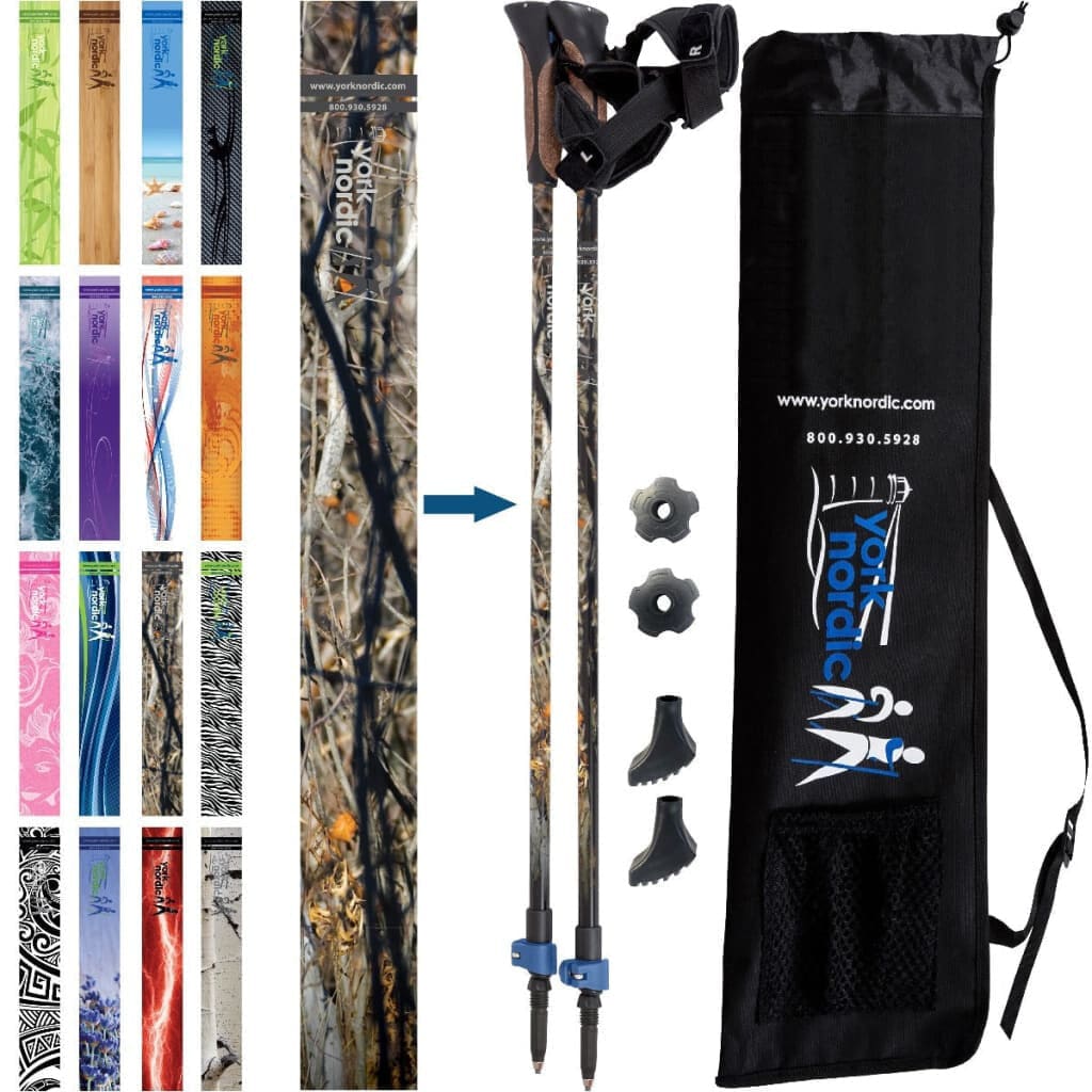 York Nordic Classic Hiking & Walking Poles - Grip w-flip locks detachable feet and travel bag