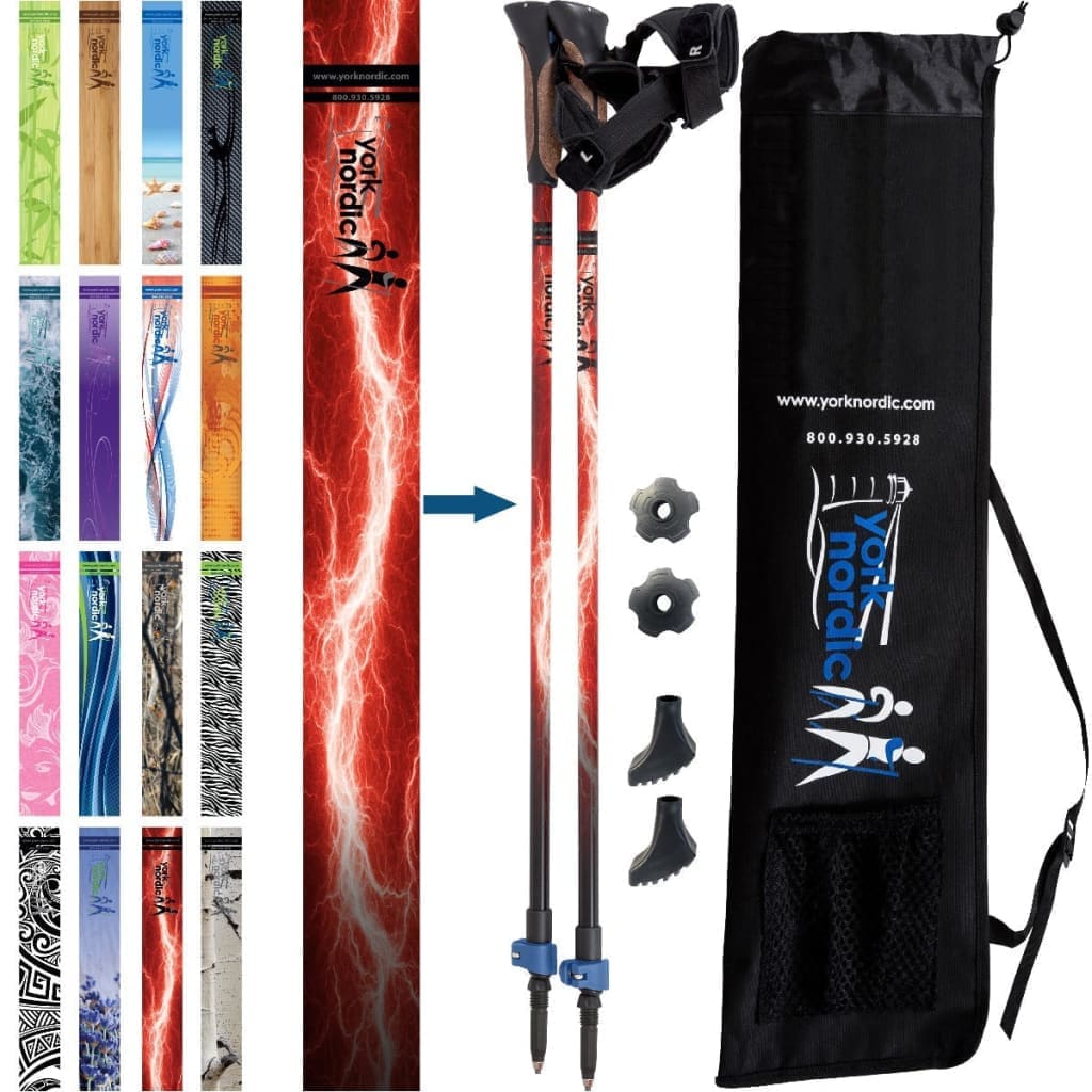 York Nordic Classic Hiking & Walking Poles - Grip w-flip locks detachable feet and travel bag