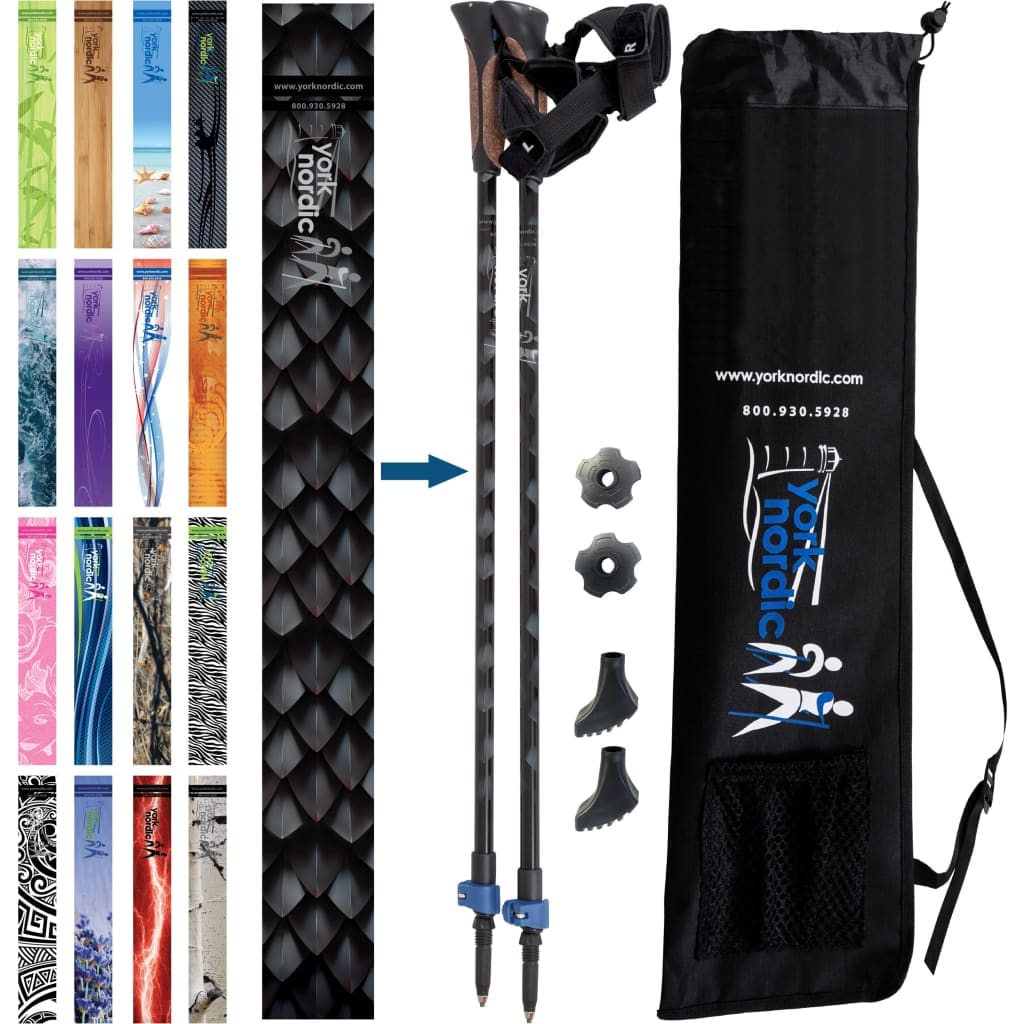 York Nordic Classic Hiking & Walking Poles - Grip w-flip locks detachable feet and travel bag