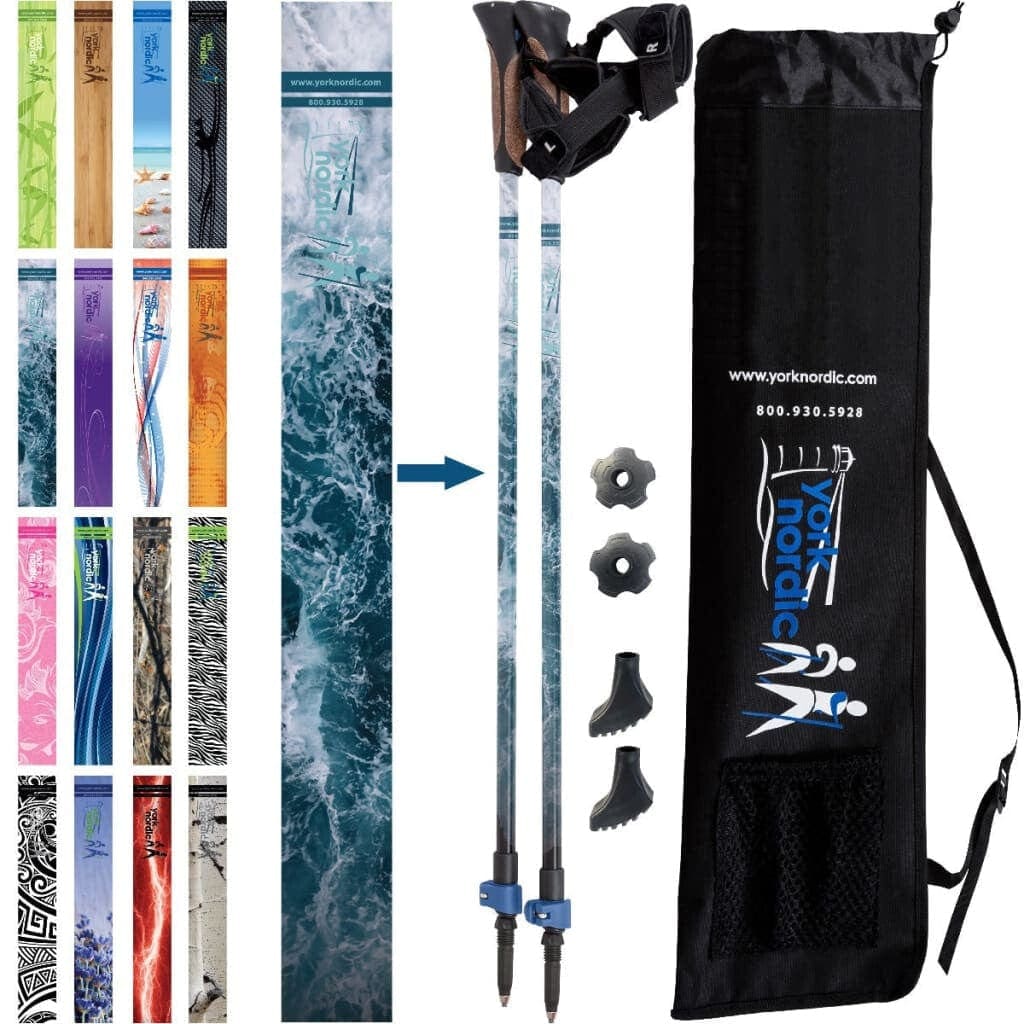 York Nordic Classic Hiking & Walking Poles - Grip w-flip locks detachable feet and travel bag