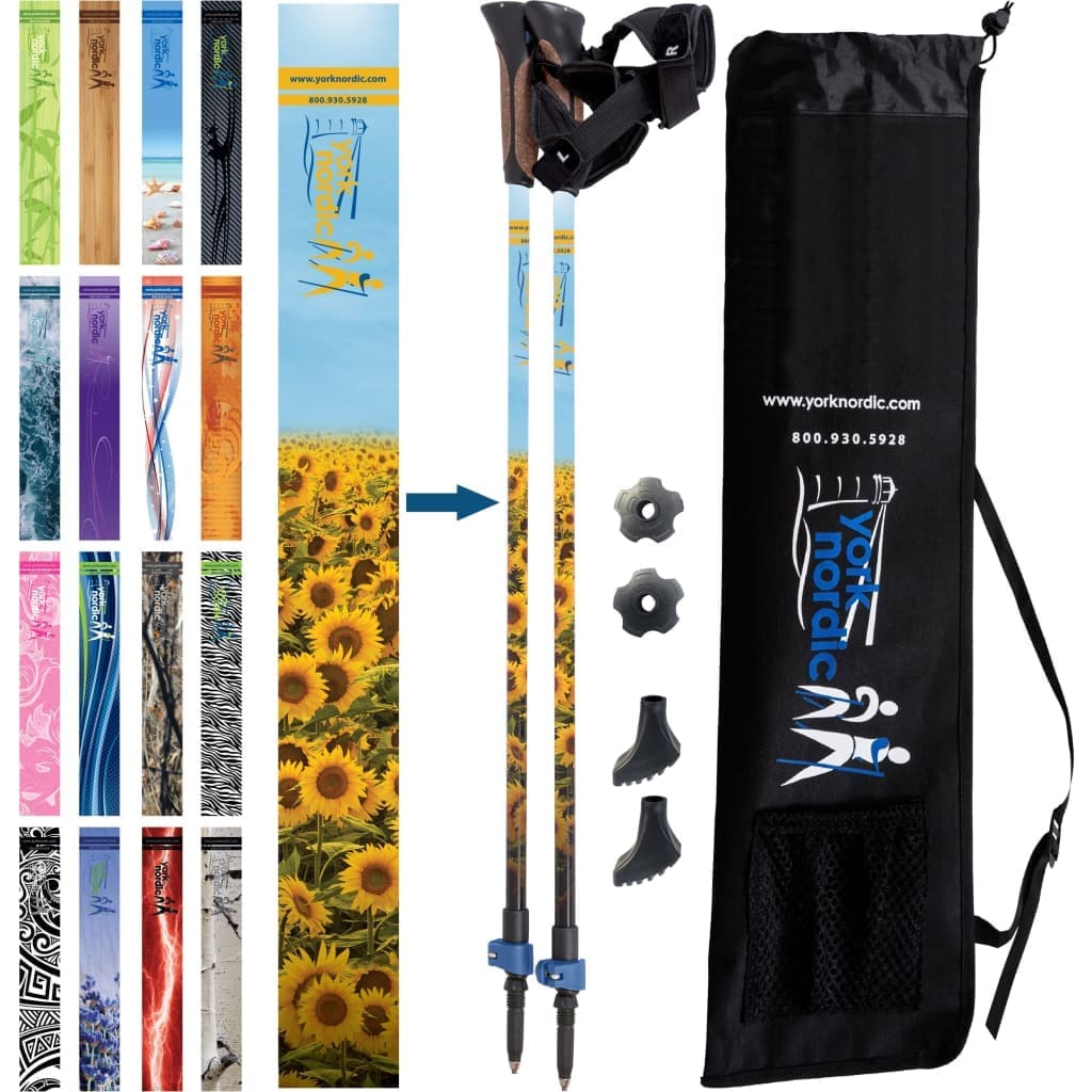 Official Nordic Walking Poles - True Glove Grip w-flip locks detachable feet and travel bag - pair