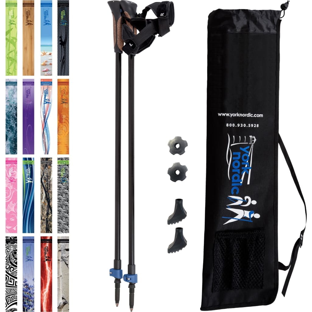 Official Nordic Walking Poles - True Glove Grip w-flip locks detachable feet and travel bag - pair