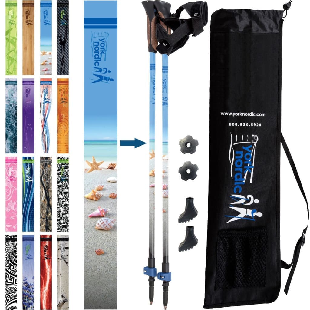 York Nordic Classic Hiking & Walking Poles - Grip w-flip locks detachable feet and travel bag