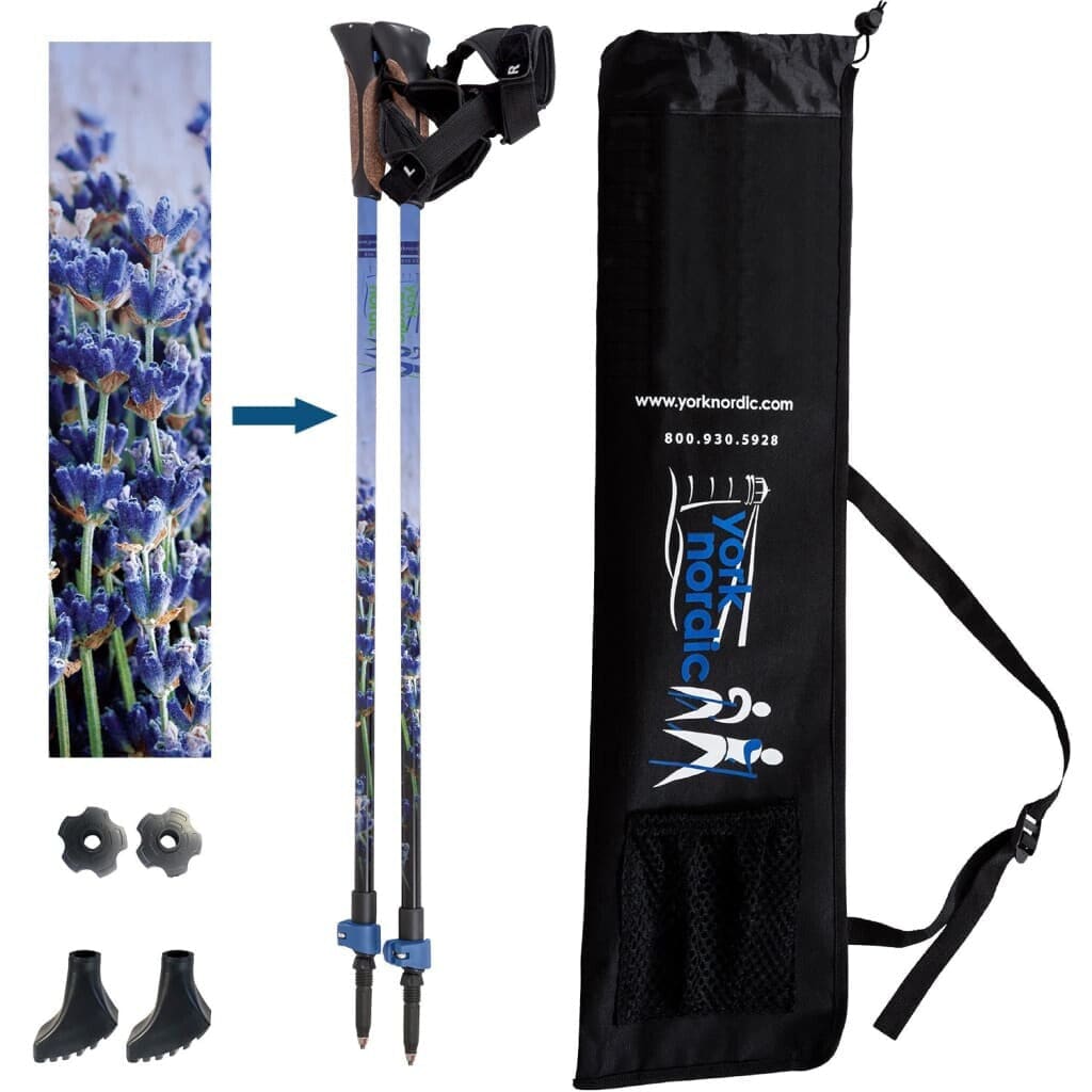 York Nordic Classic Hiking & Walking Poles - Grip w-flip locks detachable feet and travel bag