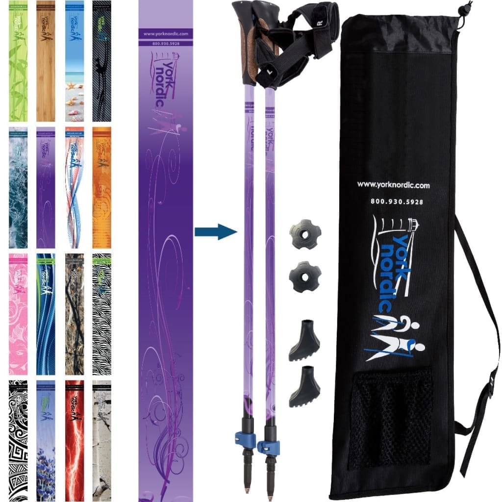 York Nordic Classic Hiking & Walking Poles - Grip w-flip locks detachable feet and travel bag