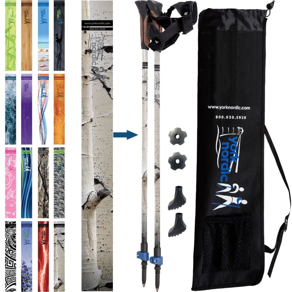 Official Nordic Walking Poles - True Glove Grip w-flip locks detachable feet and travel bag - pair