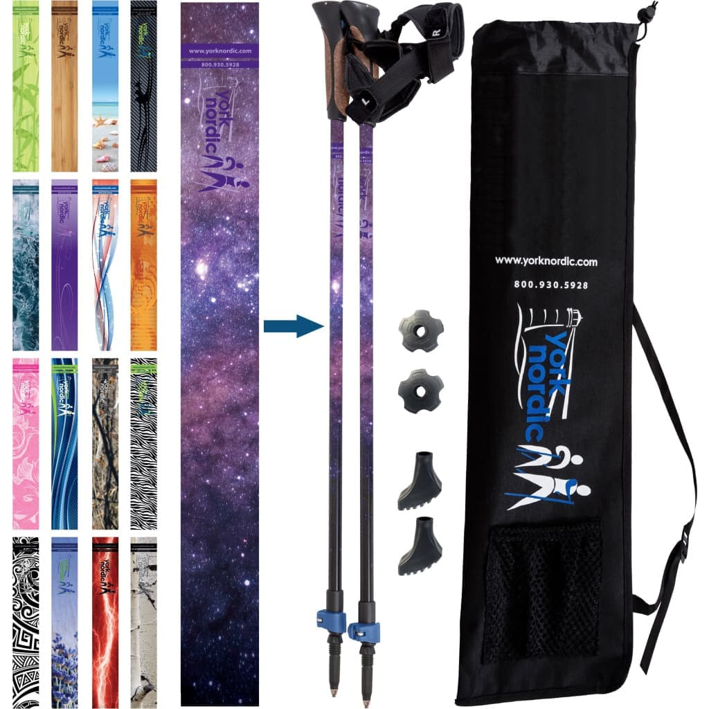 York Nordic Classic Hiking & Walking Poles - Grip w-flip locks detachable feet and travel bag