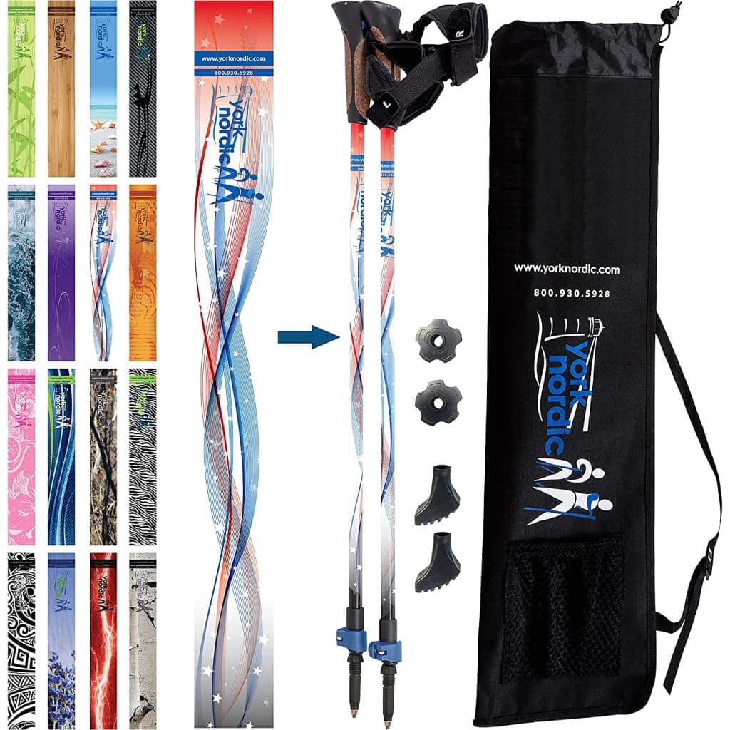 York Nordic Classic Hiking & Walking Poles - Grip w-flip locks detachable feet and travel bag