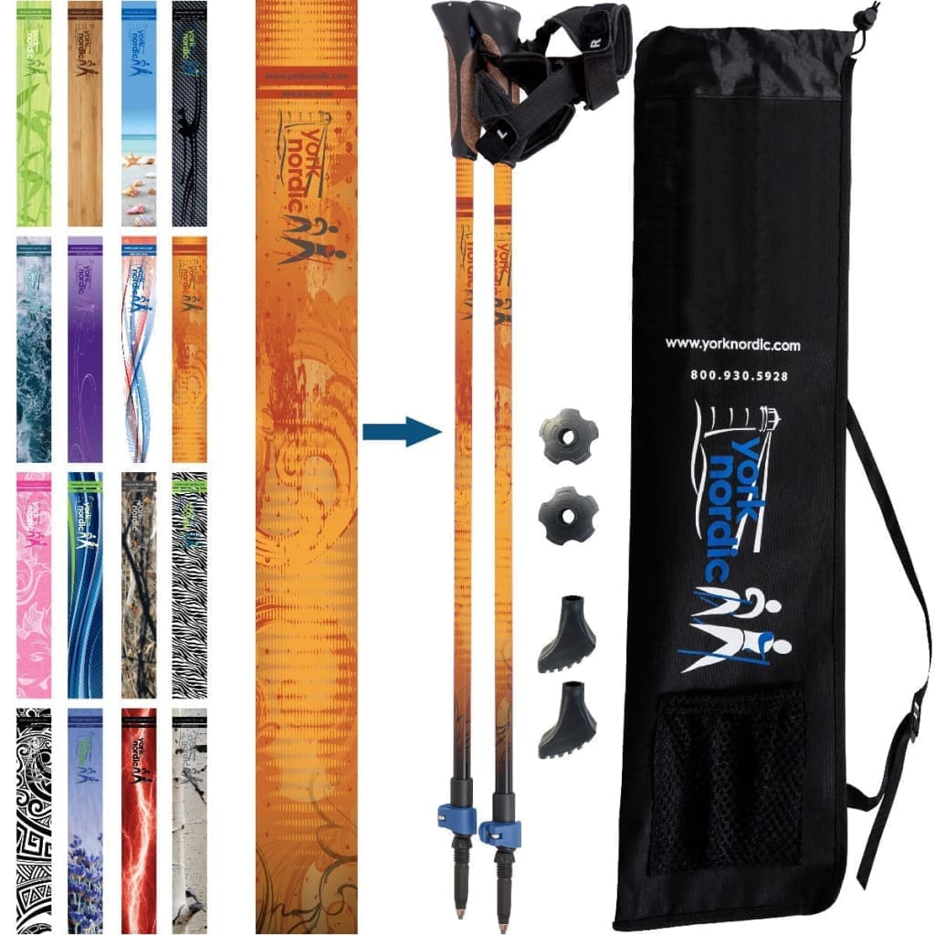 York Nordic Classic Hiking & Walking Poles - Grip w-flip locks detachable feet and travel bag