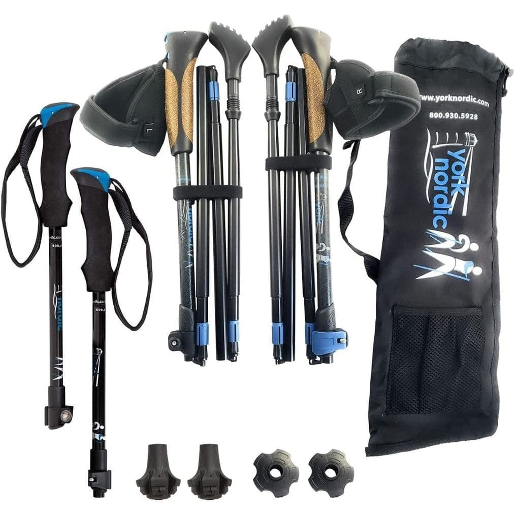 Dual Grip (Trek and Nordic) Travel Folding Walking & Hiking Poles - 13.5’ with Rubber Feet