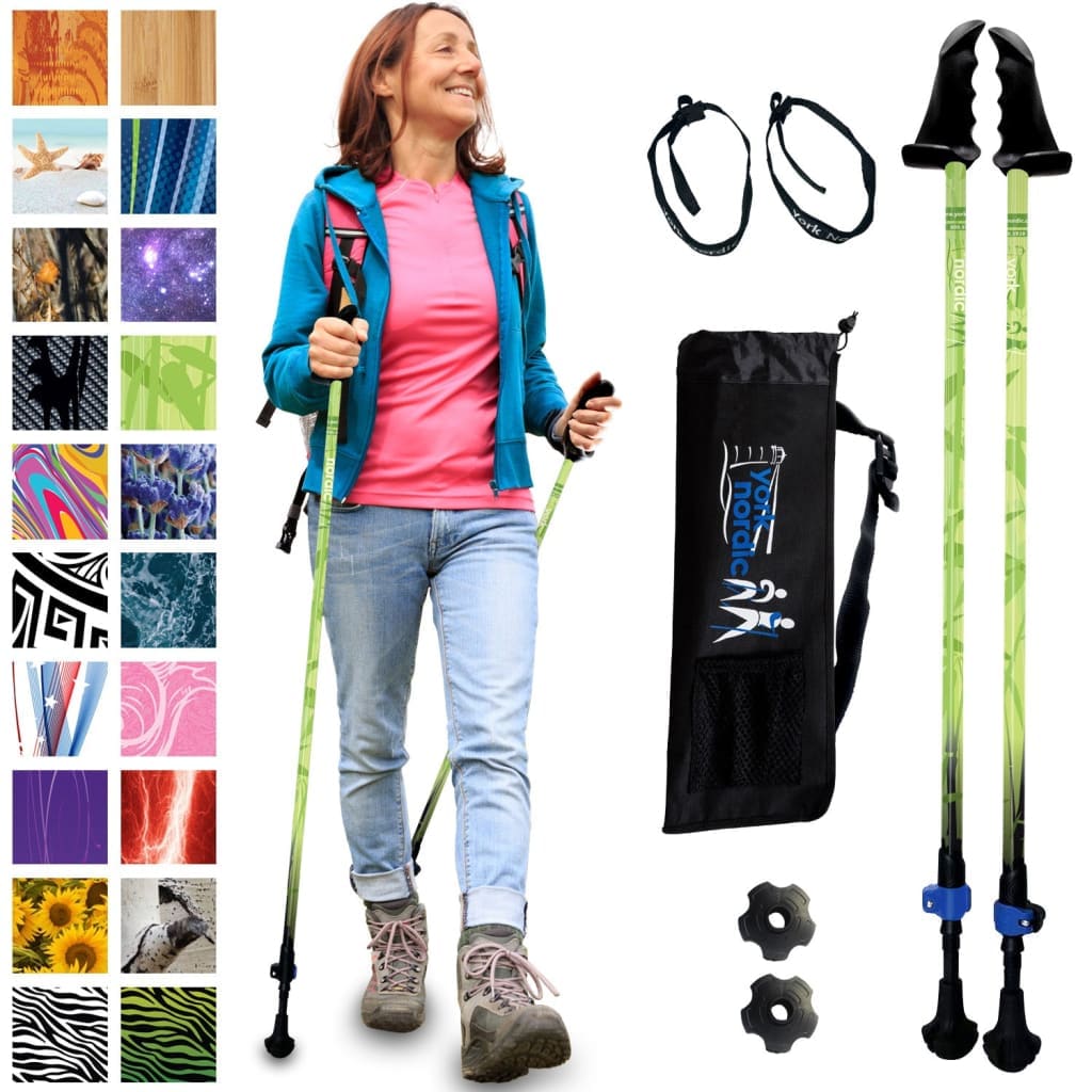 Green Zen Trekking Poles - 2 Pack w-flip locks detachable feet and travel bag - For Heights up