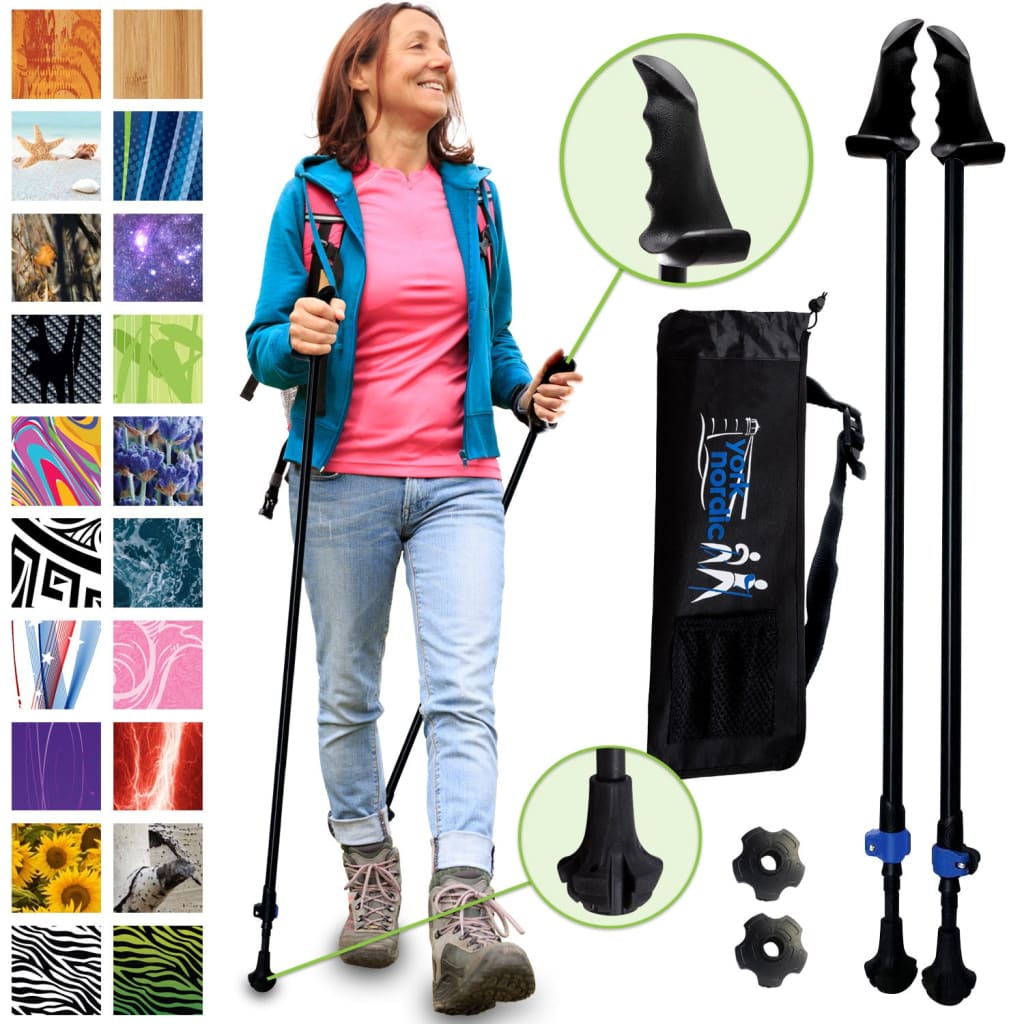 Just Black Hiking & Walking Poles w-flip locks detachable feet and travel bag - pair - Motivator -