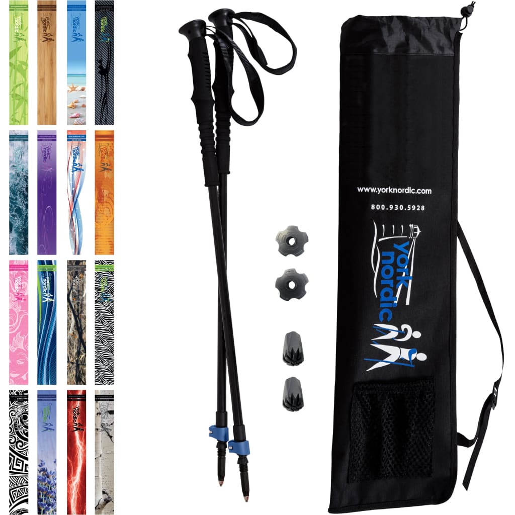 Just Black Hiking & Walking Poles w-flip locks detachable feet and travel bag - pair -