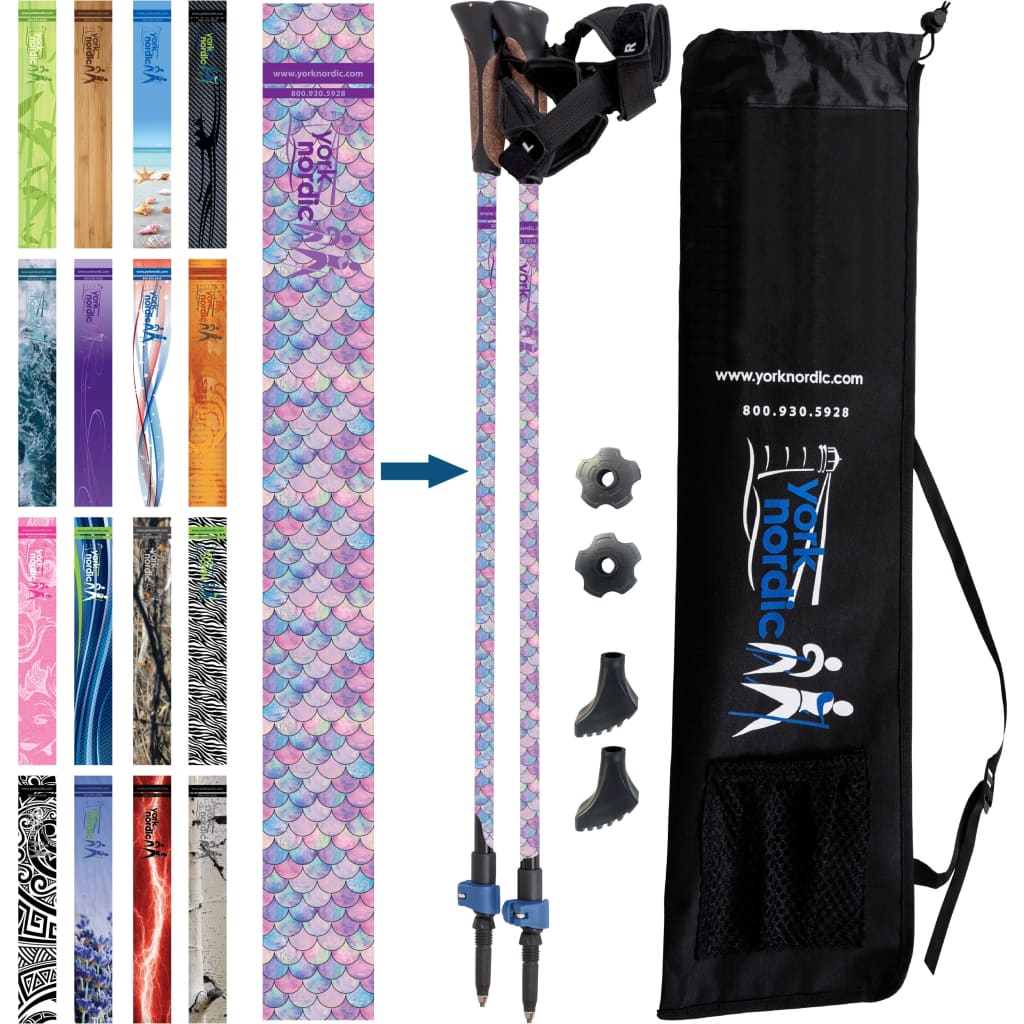 Mermaid Scales Hiking & Walking Poles w-flip locks detachable feet and travel bag - pair - Nordic -