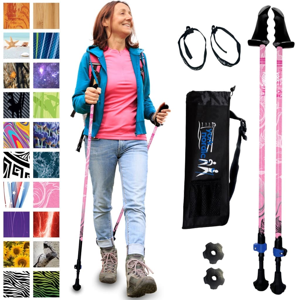 Pink Cure Series Hiking - Trekking - Walking Poles - 2 pack w-flip locks detachable feet and travel