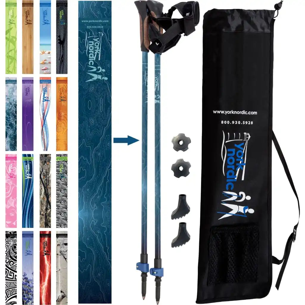 Official Nordic Walking Poles - True Glove Grip w-flip locks detachable feet and travel bag - pair