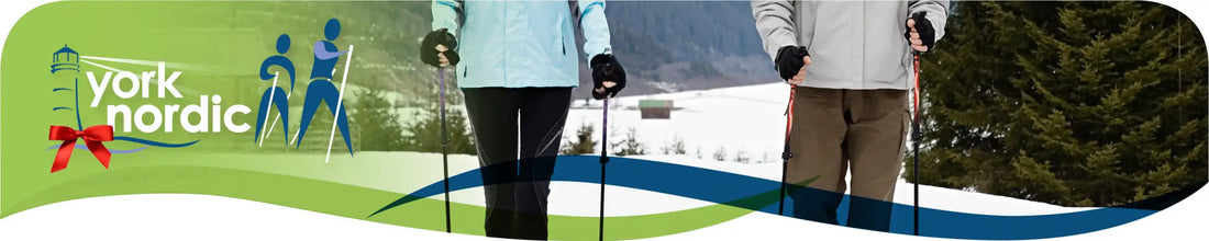 York nordic ski poles with blue and white design, black handles.